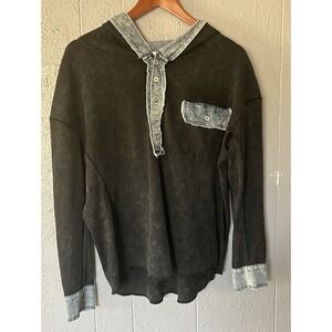 Men's BKE Black Blue Denim Hooded Henley Size Small Casual Western Hip Hop